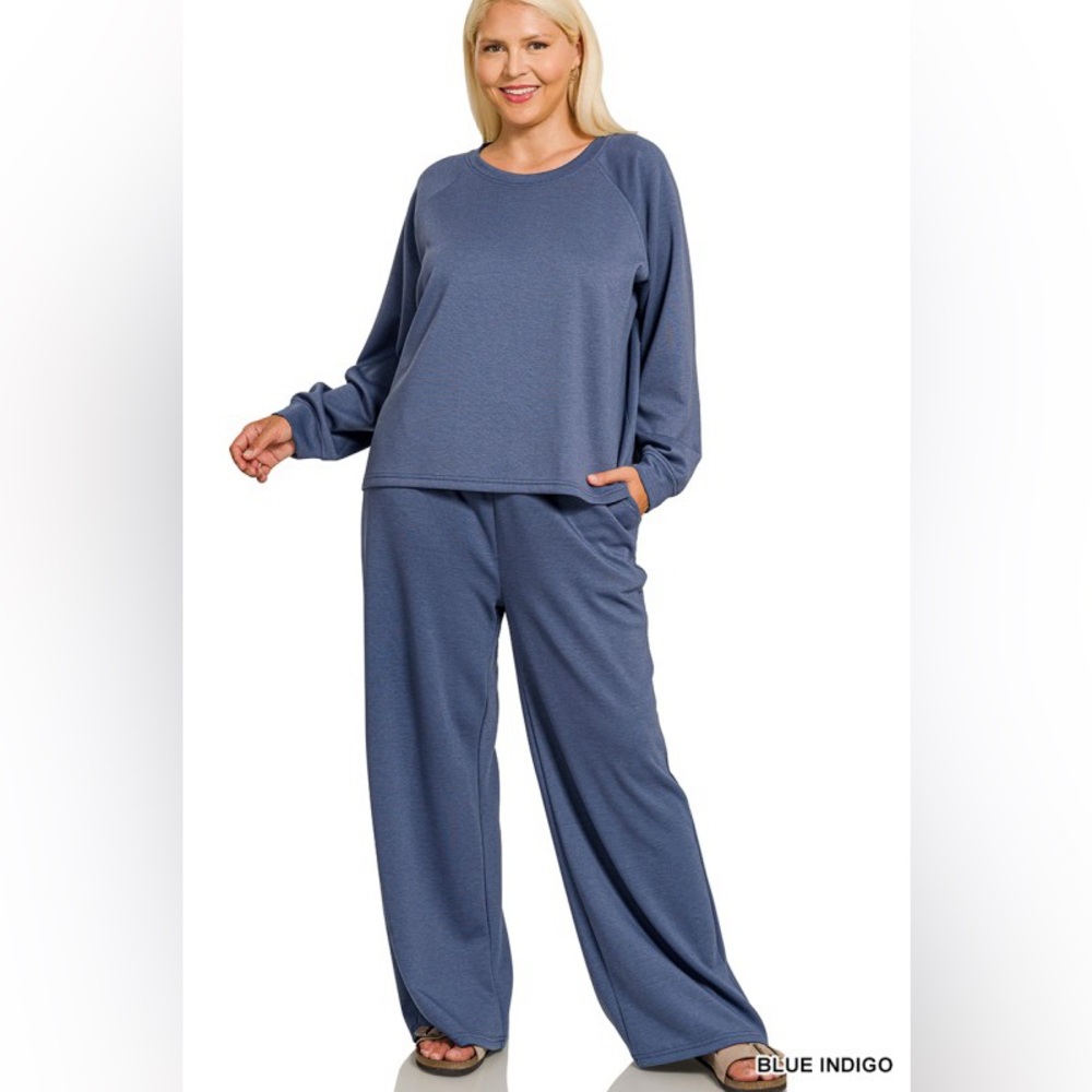 Zenana Outfitters Wide-Leg Lounge Set in Blue Indigo